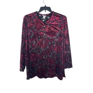 Avenue 26/28 Velvet Burnout Blouse Burgundy Floral Button Up Top Holiday Party